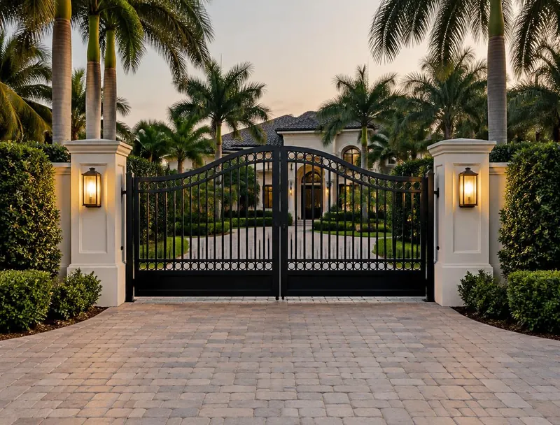 Black aluminum double driveway gate between stucco pillars at a Florida home