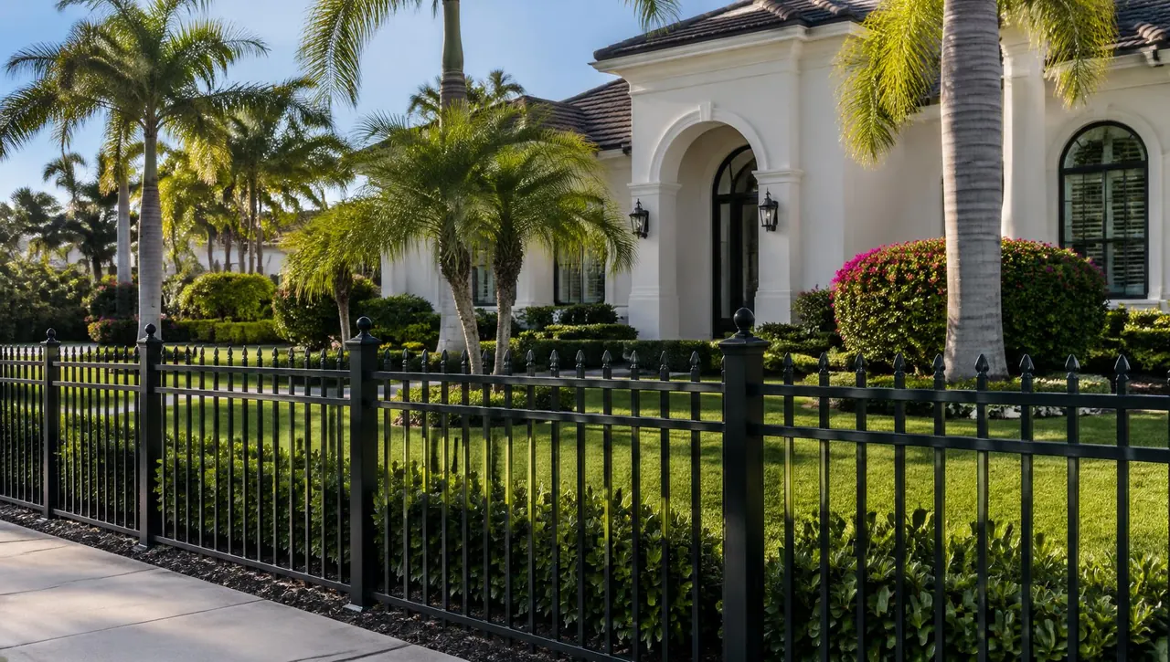 Black ornamental aluminum fence along the front yard of a Florida home with palms and flowering shrubs