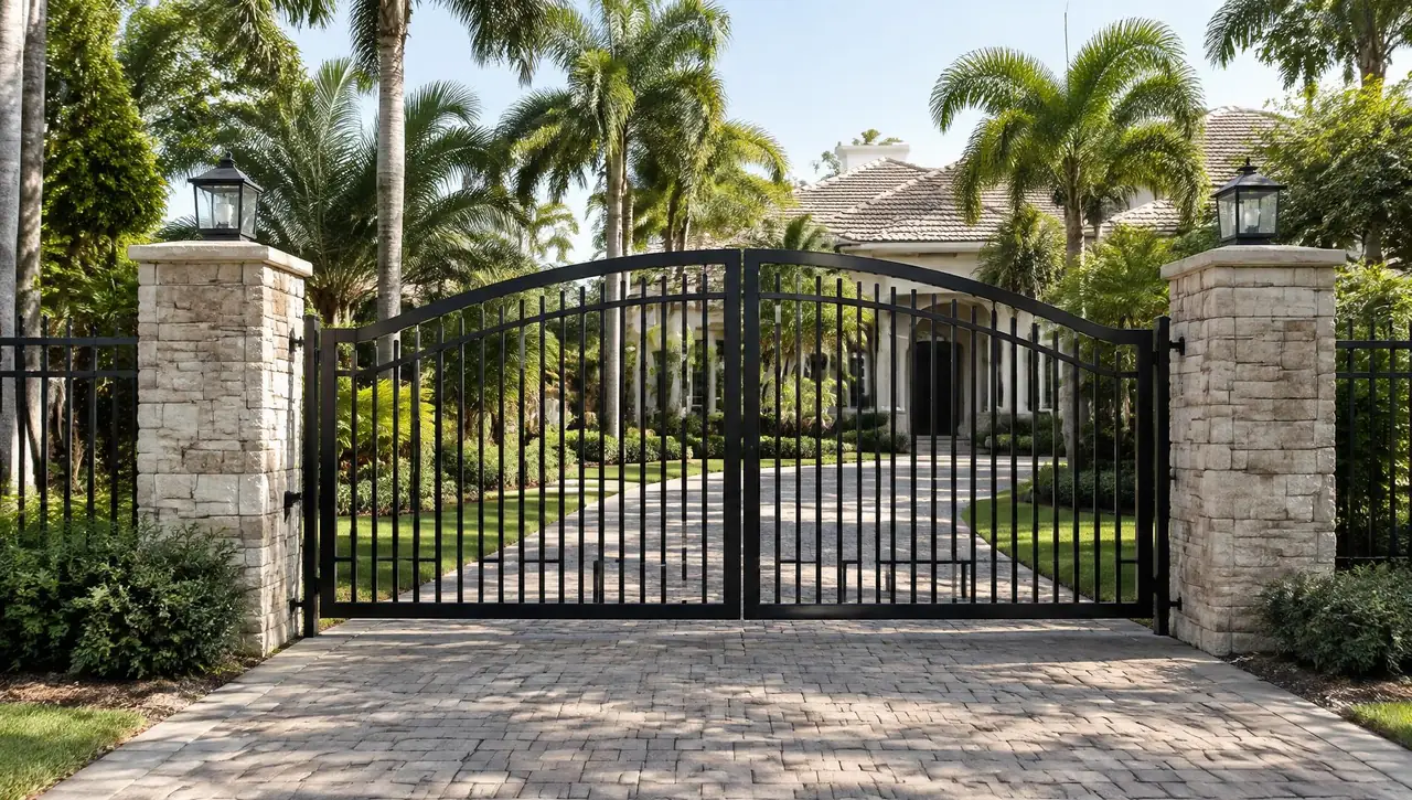 Black aluminum double driveway gate between stone pillars with matching fence at a Florida home