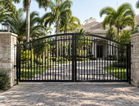 Black aluminum double driveway gate between stone pillars at a Florida home