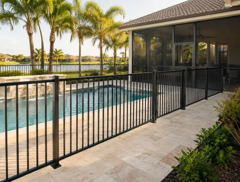 Black aluminum pool fence along a travertine pool deck