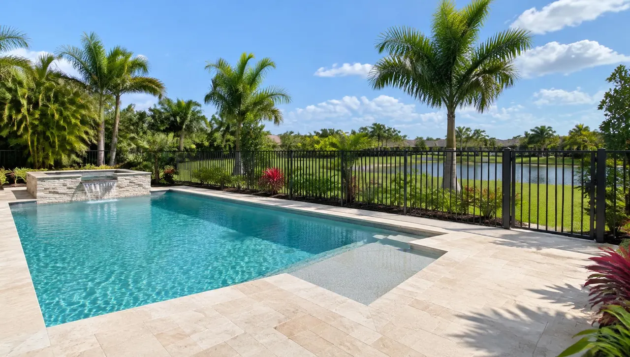 Residential swimming pool with a travertine deck enclosed by a black aluminum fence and gate