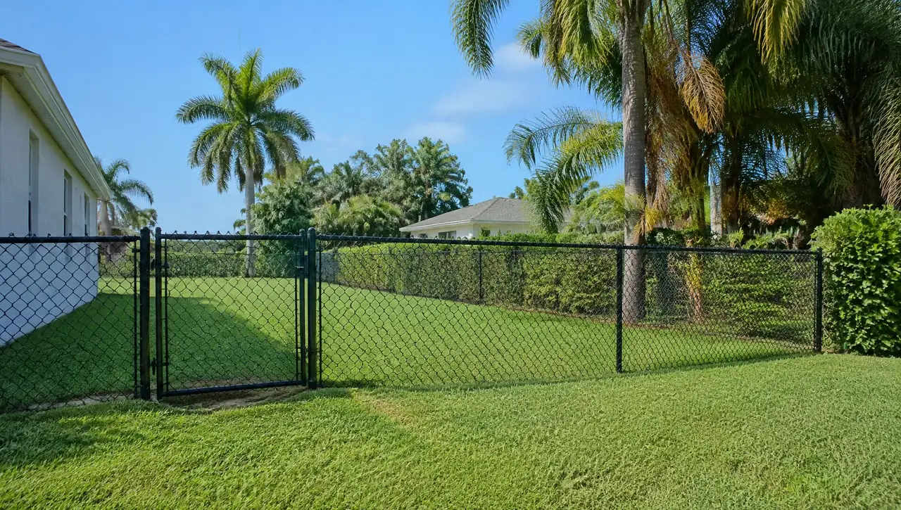 Black-coated chain link fence with a matching walk gate around a grassy Florida yard