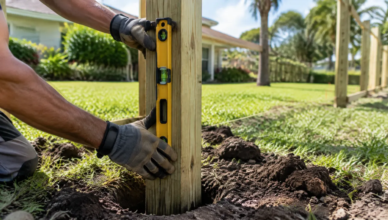 Illustrative fence installation detail: a post being set level at a Florida home