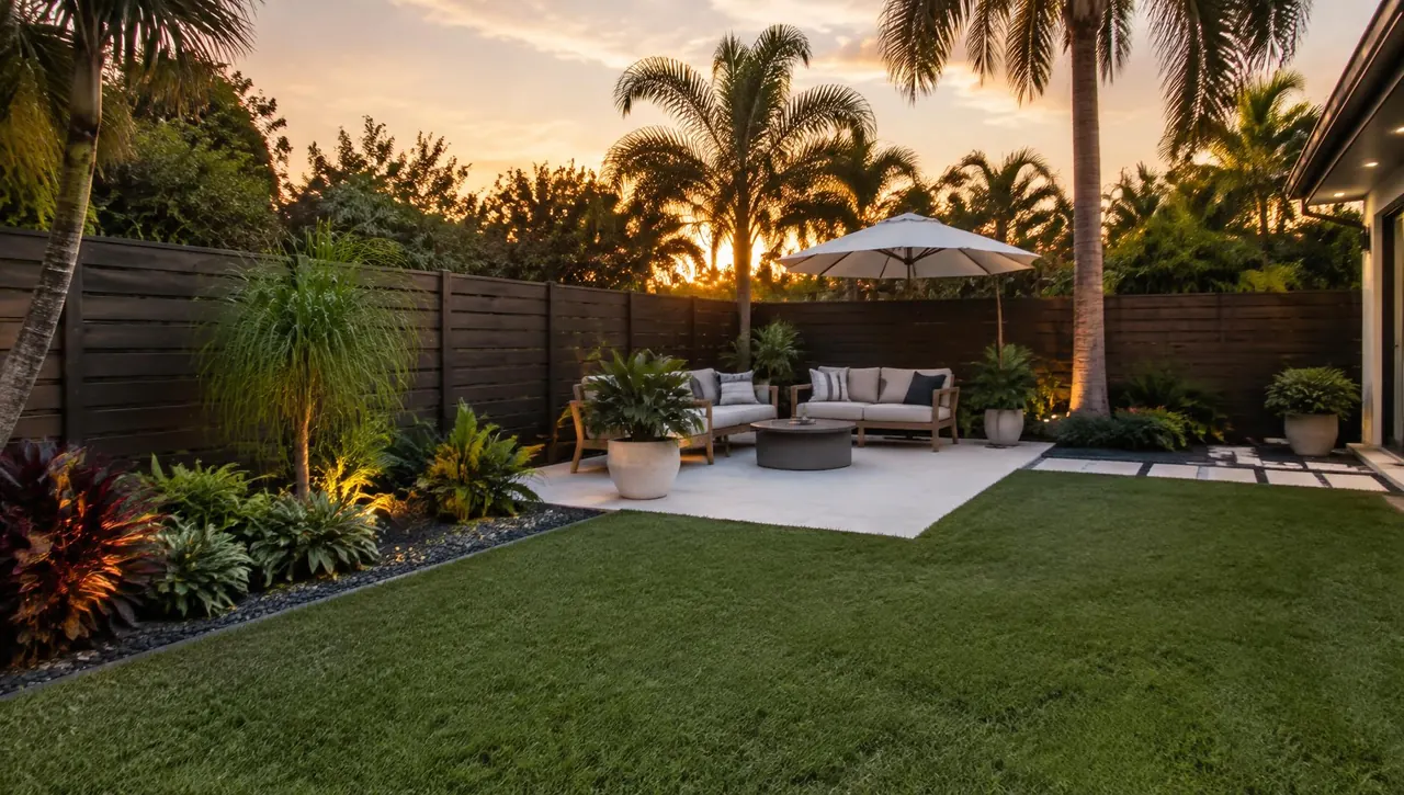 Dark horizontal wood privacy fence enclosing a landscaped backyard patio with seating at dusk