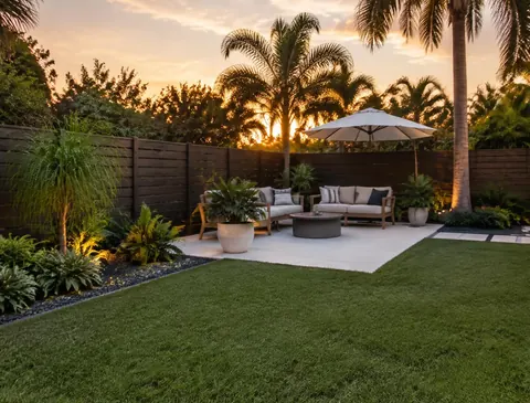 Horizontal wood privacy fence enclosing a backyard patio with outdoor seating