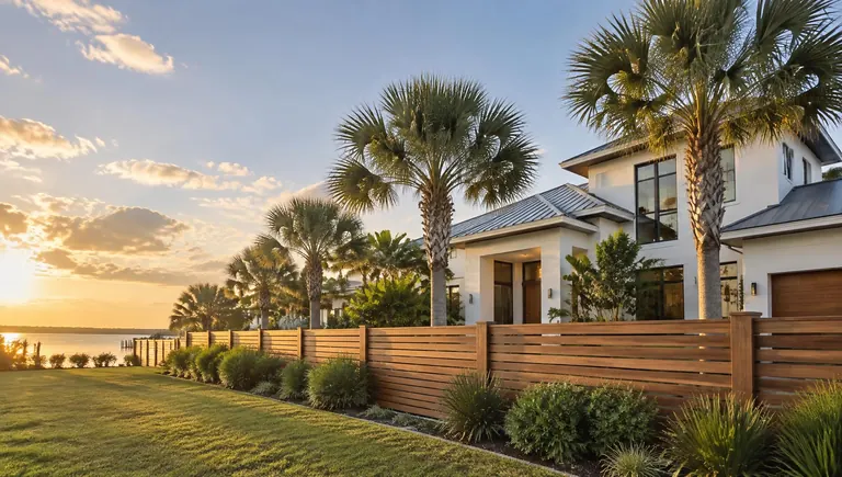 Horizontal wood privacy fence along a landscaped Florida home with palm trees