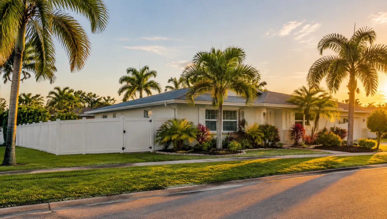 A Venice, Florida home with a white vinyl privacy fence and palm trees at golden hour