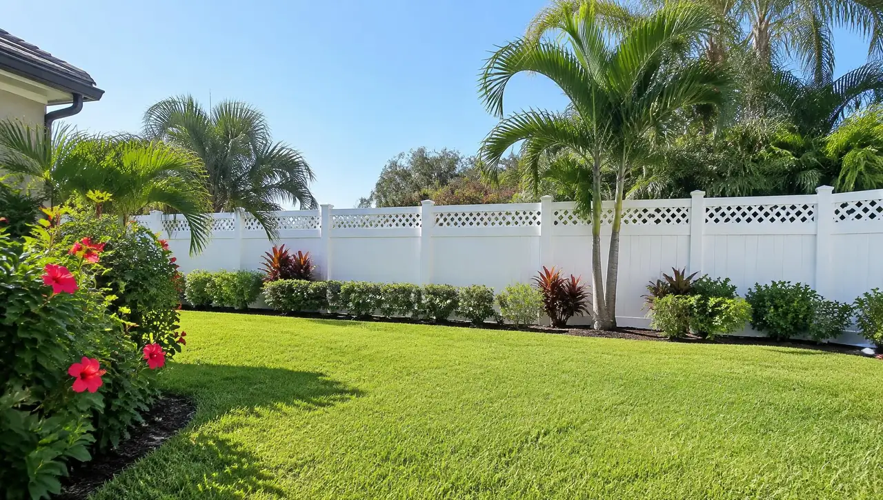 White vinyl privacy fence with a lattice top bordering a landscaped Florida backyard