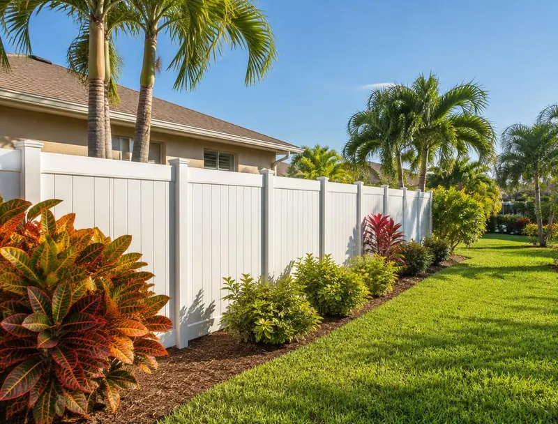 White vinyl privacy fence lining a landscaped side yard