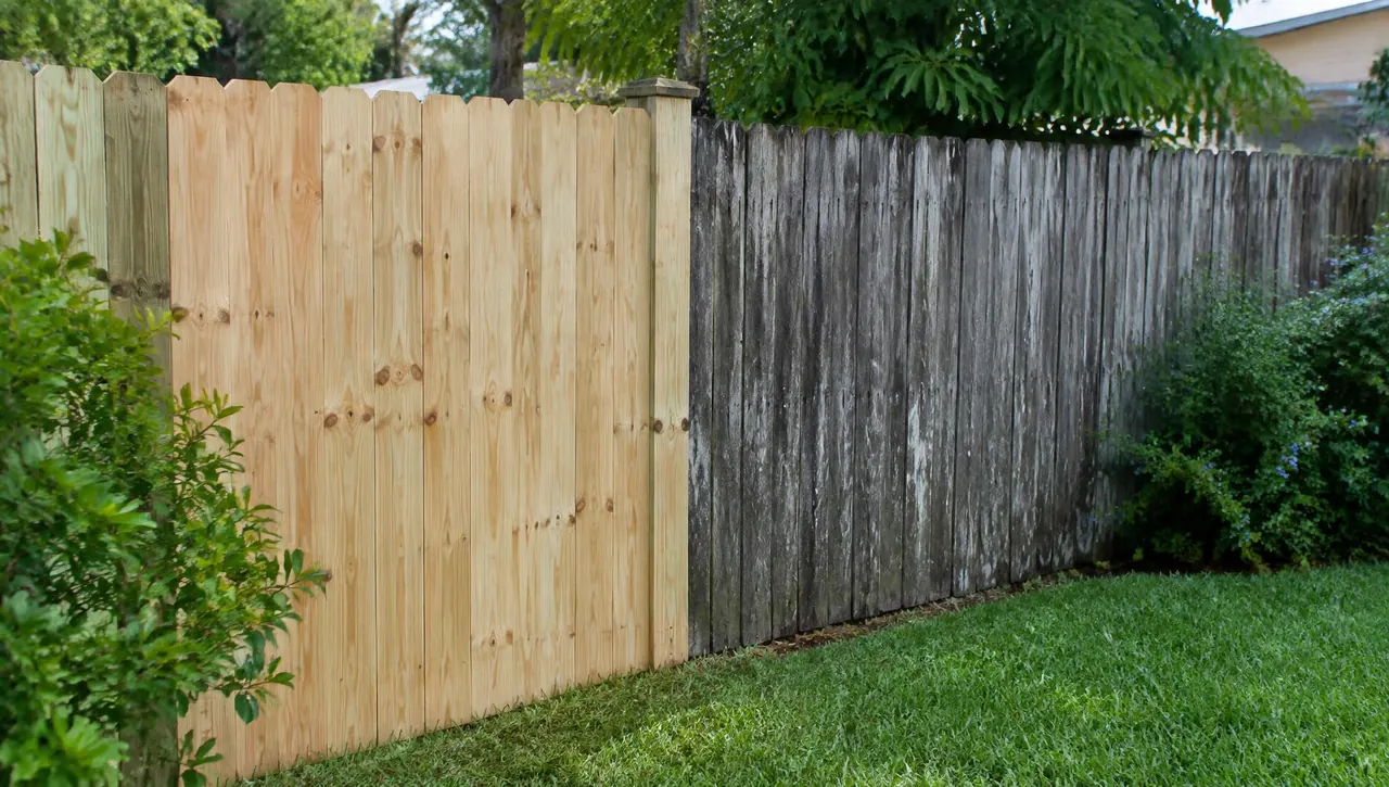 Wood fence with a section of new boards and a new post beside older weathered boards