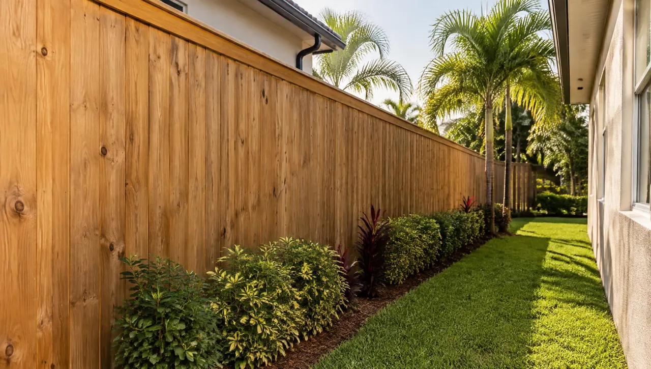 Tall natural wood privacy fence with a top cap along the side yard of a Florida home