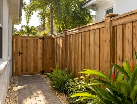 Wood privacy fence with a matching walk gate beside a Florida home